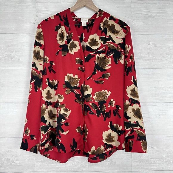 Chico's Button Down Satin Blouse Women L Red Floral Pleated Long Sleeve Collared - Picture 1 of 16